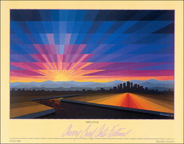Colorful painting of rainbow sky over Denver