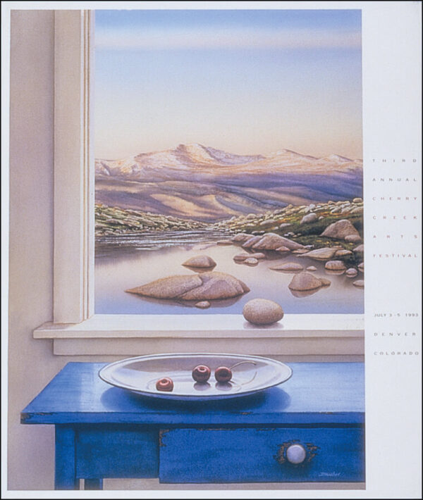 Watercolor painting with a blue table, a plate with three cherries and a mountain scene outside the window