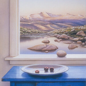 Watercolor painting with a blue table, a plate with three cherries and a mountain scene outside the window