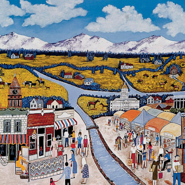 Folk art style painting of a neighborhood with shops, a creek with mountains in the background and clouds on a blue sky