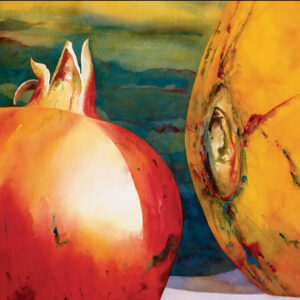 Watecolor painting of a pomegranate with a watermelon in the background