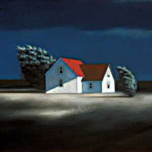 Painting of a white house with a red roof and dirt road with a dark blue cloudy sky