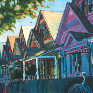 Painting of row of colorful Victorian style houses, large tree and blue bike leaning on a fence