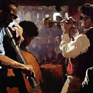Painting of a jazz band playing music in a bar