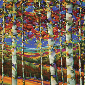 Colorful abstract pastel painting of fall aspen trees with red, blues, green, yellow, orange and mountains in the background