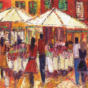 Abstract painting of an outdoor flower shop with umbrellas and people, red, green, yellow, purple