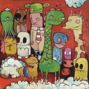 Colorful painting of a funny group of cartoon characters, animals and people