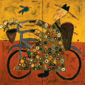 Folk style mixed media artwork of a monk riding a bike with cherries in his backpack, and a blue bird flying in the sky