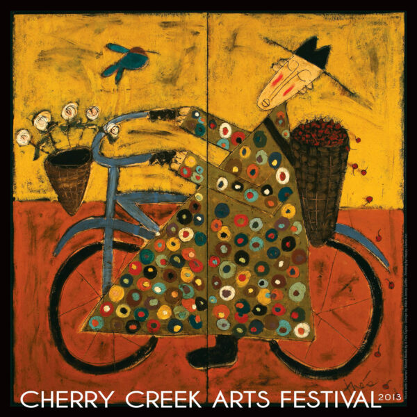 Folk style mixed media artwork of a monk riding a bike with cherries in his backpack, and a blue bird flying in the sky