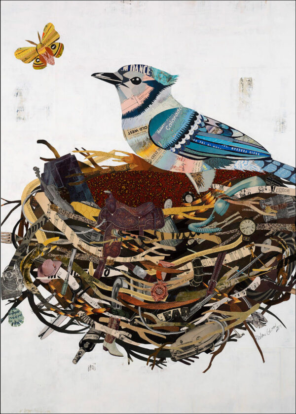 Mixed media collage artwork of a blue jay in a nest and a butterfly flying above