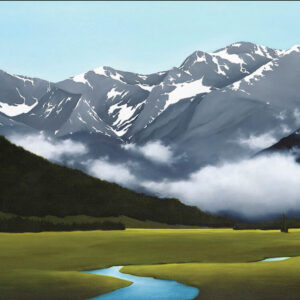 Painting of a Colorado mountain scene, green grass, blue river, patches of snow