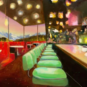 Painting of empty of city diner at dusk