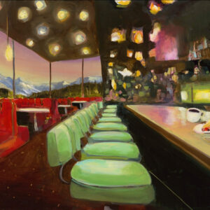 Painting of empty of city diner at dusk