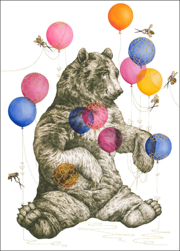 Detailed Bear etching surrounded by colorful balloons