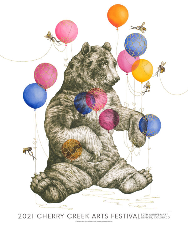 Detailed Bear etching surrounded by colorful balloons