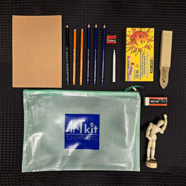 Drawing Art Kit including: Reusable art supply bag Set of 4 drawing pencils 2 charcoal pencils Blender and sandpaper Set of 12 oil pastels Sketchbook