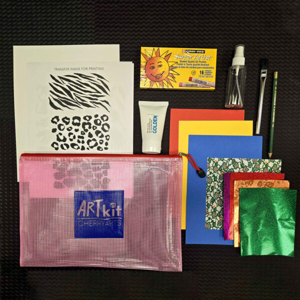 Mixed Media Art Kit including: Reusable art supply bag Cardstock Assorted collage paper Gel medium paintbrush Mini spray bottle Pastels Laser printed images Pencil