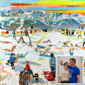 Colorful ski-beach painting with an image of the artists on top