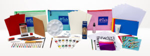 Drawing, Mixed Media and Watercolor art kits with supplies standing up