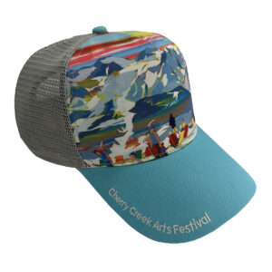 Trucker hat with colorful winter ski beach scene and blue bill