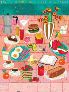 Colorful Mixed Media Painting of a colorful table with summer picnic food, flowers and a book. Pinks, teals, reds.