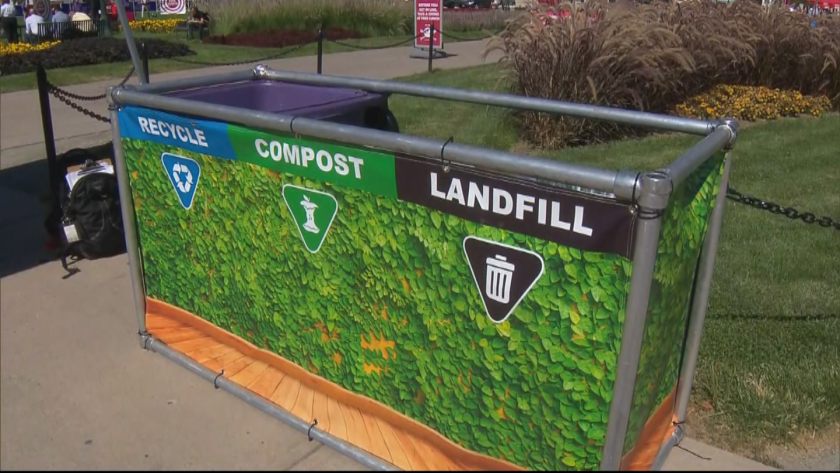 Photo of recycling container with recycle lanfill and compost bins
